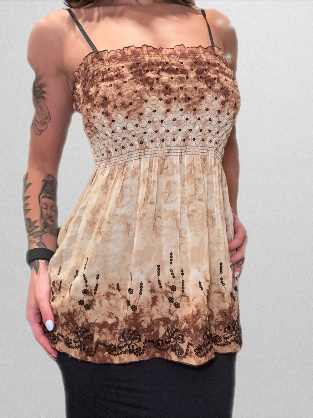 Smocked Tie-Dye Spaghetti Strap Tank Top - Beige Brown